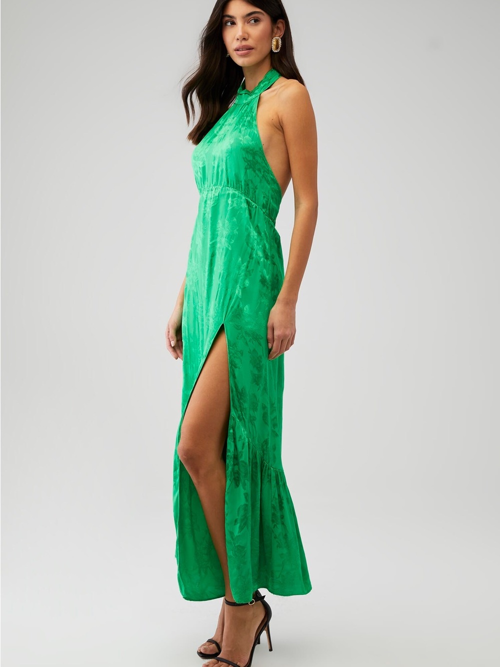 Saylor Audie Floral Green Halter Maxi Dress Elegant Holidays Wedding Side slit - Picture 2 of 6